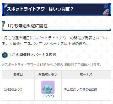 ポケモンgo攻略 Gamewith 本日18時からはスポットライトアワーが開催 開催期間 1月26日 火 18 00 19 00 ボーナス内容 ゴマゾウの出現率アップ ポケモンを博士に送った時のアメ2倍 スポットライトアワーの詳細はこちら T Co Bntmpkucn5
