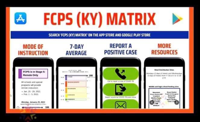 Families: You can now download an app to track COVID data for FCPS. You can use the app to report cases as well. Stay up to date and download the free app by searching “FCPS (KY) Matrix”.