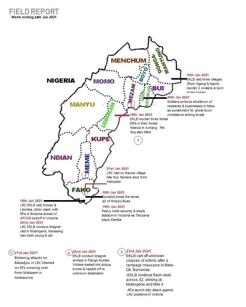 Field rep combat activity #Cameroon #SouthernCameroons armed conflict week-ending 24 Jan 2021 #EndAnglophoneCrisis <a href="/StateDept/">Department of State</a> <a href="/SenateForeign/">Senate Foreign Relations Committee Chairman</a> <a href="/irishmissionun/">Ireland at UN</a> <a href="/UKinCameroon/">UK in Cameroon🇬🇧🇨🇲</a> <a href="/USEmbYaounde/">U.S. Embassy Yaounde</a> <a href="/GermanyUN/">Germany in the United Nations</a> <a href="/EU_Commission/">European Commission</a> <a href="/NorwayUN/">NorwayUN</a> <a href="/KenyaMissionUN/">Permanent Mission of Kenya to the UN 🇰🇪 🇺🇳</a> <a href="/ABlinken/">Antony Blinken</a> <a href="/FRauCameroun/">France au Cameroun 🇫🇷🇪🇺</a> <a href="/Pontifex/">Pope Leo XIV</a> <a href="/LindaT_G/">Linda Thomas-Greenfield</a>