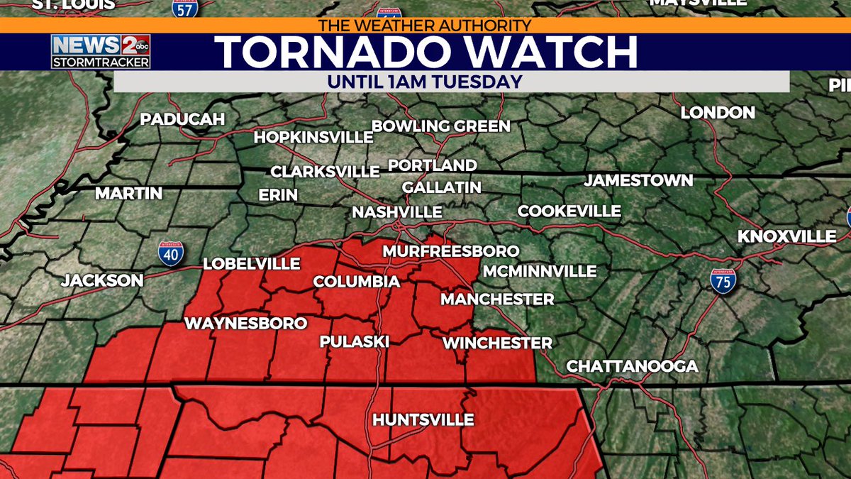PLEASE SHARE: We have a Tornado Watch in effect through 1am for the area in red! Please stay alert! wkrn.com/radar?utm_medi…
