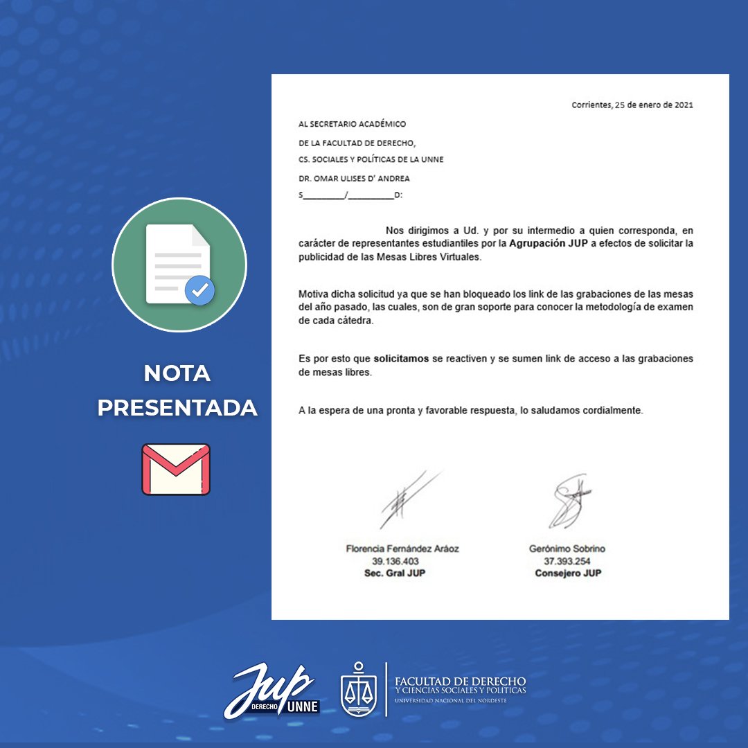 JupDerechoUnne's tweet photo. REACTIVACIÓN DE LAS GRABACION
🚫El bloqueo de los link de las grabaciones impide que los/as estudiantes se preparen conociendo la metodología de examen en cada cátedra.
#JupDerechoUNNE
#SomosDerecho
#MesasLibres https://t.co/F50N15qHuy