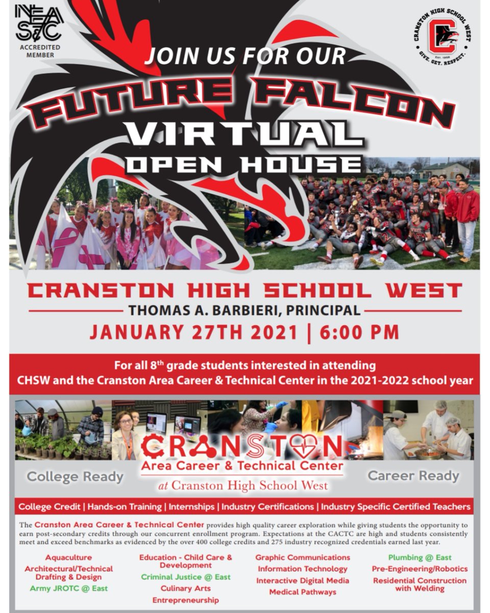 Virtual Future Falcon Open House, Wednesday 1/27 at 6 pm! <a href="/CranstonSchools/">Cranston School Dept</a> @JeannineNota @CHSWPrincipal <a href="/CHSWREDSTORM/">REDSTORM</a>