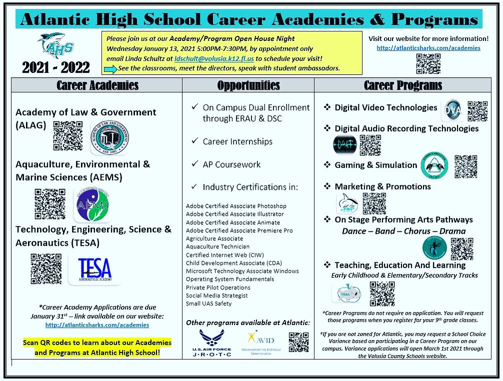 Atlantic High School (@sharksahs) on Twitter photo Friday 1/29 is the deadline to apply for one of our AMAZING Career Academies! Applications can be found on our website atlanticsharks.com/2021-2022-care…. Applications may be dropped off at the main office or emailed to our academy coordinator Linda Schultz at ldschult@volusia.k12.fl.us 🦈 Friday 1/29 is the deadline to apply for one of our AMAZING Career Academies! Applications can be found on our website atlanticsharks.com/2021-2022-care…. Applications may be dropped off at the main office or emailed to our academy coordinator Linda Schultz at ldschult@volusia.k12.fl.us 🦈