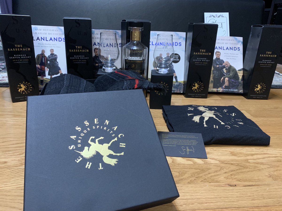 ⁦<a href="/SamHeughan/">Sam Heughan</a>⁩ ⁦<a href="/SassenachSpirit/">Sassenach Spirits</a>⁩  ⁦<a href="/SassenachTartan/">Sassenach Tartan</a>⁩ Finally the whole set arrived. What a beautiful sight. Happy Burns night to me!  ⁦<a href="/MyPeakChallenge/">My Peak Challenge</a>⁩