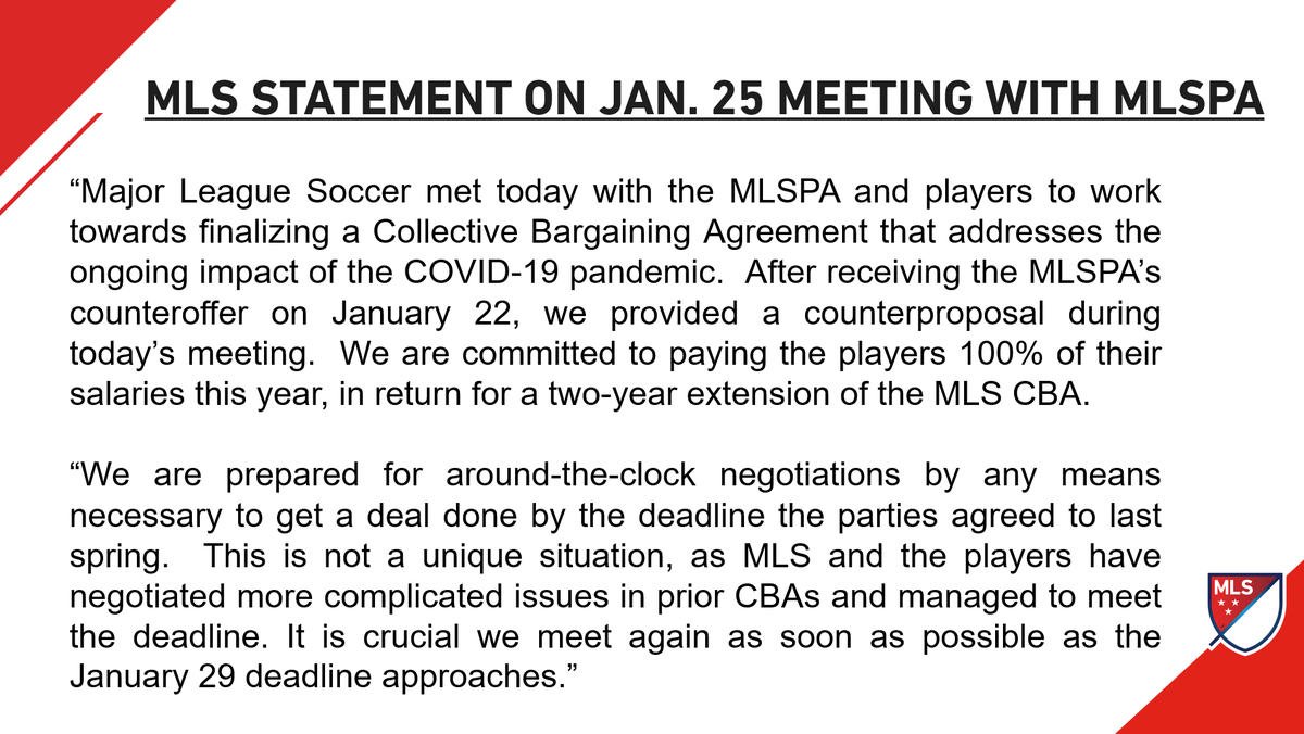 MLS2021's tweet photo. Statement from Major League Soccer regarding the January 25 meeting with the @MLSPA. https://t.co/FsESOj760J