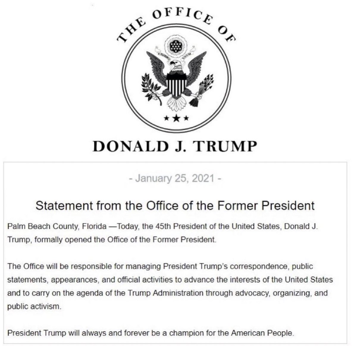KamVTV's tweet photo. JUST IN - Trump establishes the Office of the Former President.

"The Office will be responsible for managing President Trump's correspondence, public statements, appearances, and official activities."

Pure genius. https://t.co/id1BcQbgAY