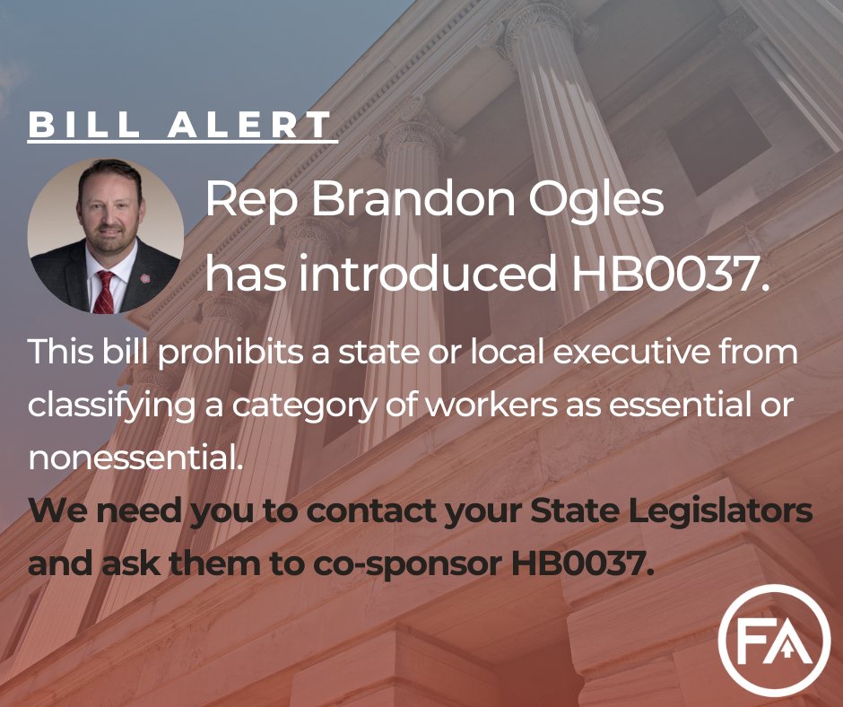 ForAllTN's tweet photo. Please RT this urgent call to action. 
@ogles4staterep has introduced HB0037 which prohibits a state or local executive from classifying a category of workers as essential or nonessential. 
Please reach to your State Legislators and ask them to co-sponsor. https://t.co/UZ66EsPOpg