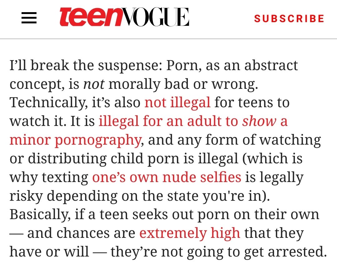 Teen Vogue and  @Nona are telling teen girls that women are supposed to want to be raped, that some women enjoy it.Besides the fact that pornography is paid rape, it also motivates male viewers to assault women and film the act, in order to upload the content to streaming sites.  https://twitter.com/TeenVogue/status/1352429551410962435