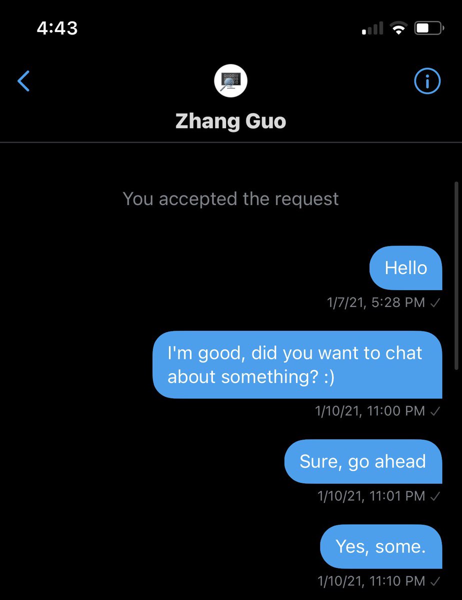 Here’s their first contact.. Twitter has deleted the acct but they just said “hi” and “hello” to prompt the first two messages and then asked if I can do Windows kernel exploitation