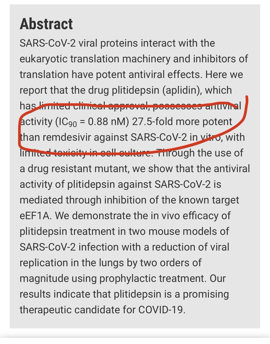 9) And the 27x greater potency of  #Aplidin against Remdesivir claim against  #SARSCoV2? It’s backed up by evidence in-vitro in the Science article itself!