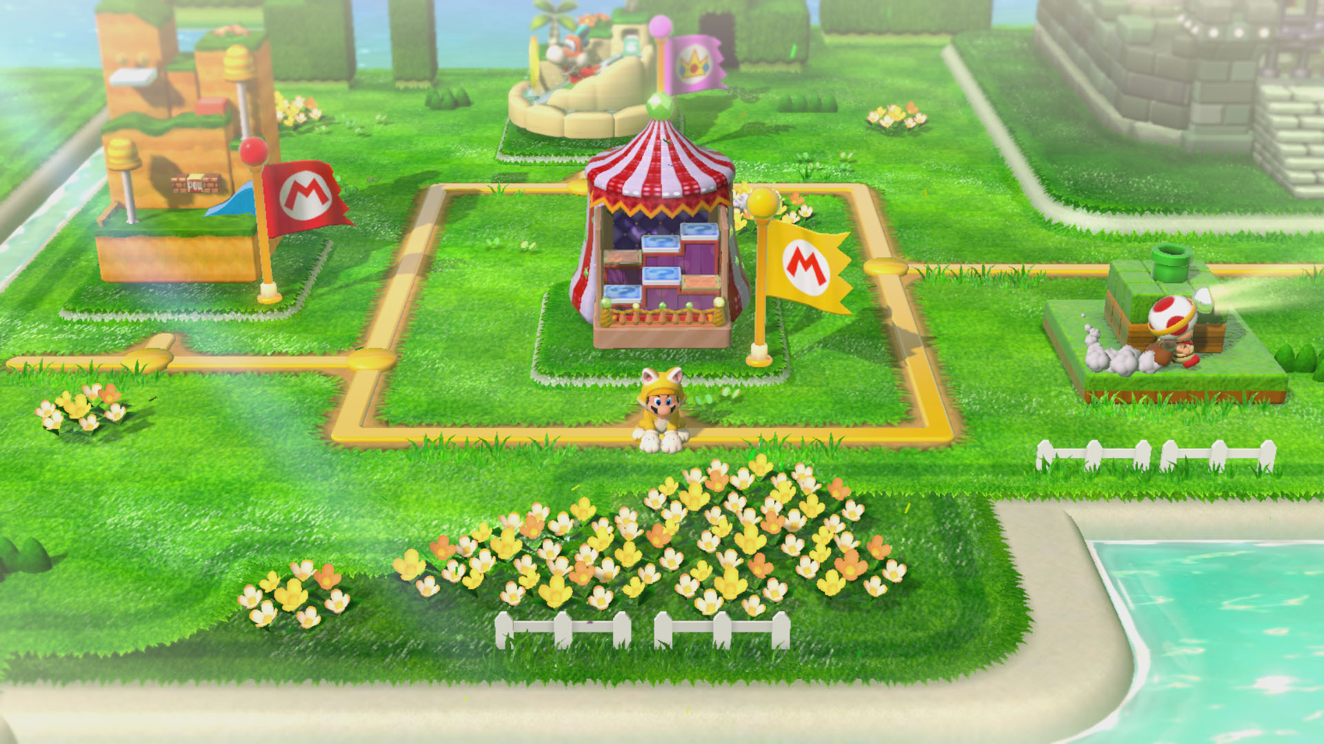 スーパーマリオブラザーズ35周年 ３ｄワールド 横に 縦に 奥に 仕掛けいっぱいの3dの世界で 目指すはコースの最後にある ゴールの旗 ゴールポールの高い位置につかまるほど 高得点になります 頂上につかまると いつもと