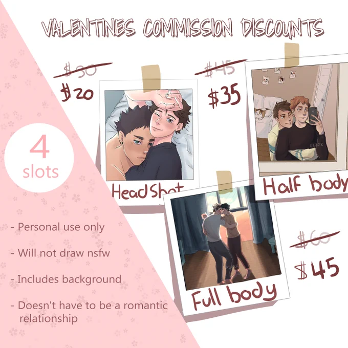 VALENTINES COMMISSION DISCOUNTS!!

Hi! I'm doing commissions for valentines day❤ (just 4 slots). Buy a commission of your favorite ship or you with your friend, parter, idol, oc, etc.
There's more info here about my commissions: https://t.co/6uJwchkFs5

Rts are appreciated ?❤ 