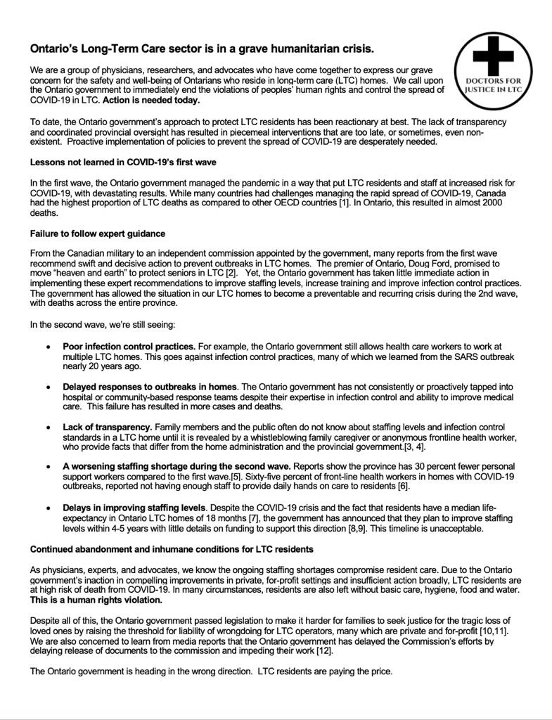 Dear  #Ontario,We are a group of 200+ doctors & researchers highly concerned about the  #COVID19 humanitarian crisis in our LTC facilities.It’s time to end for-profit  #LTC, immediately address the staffing crisis & legislate family caregiver rights into law. #LTCjustice
