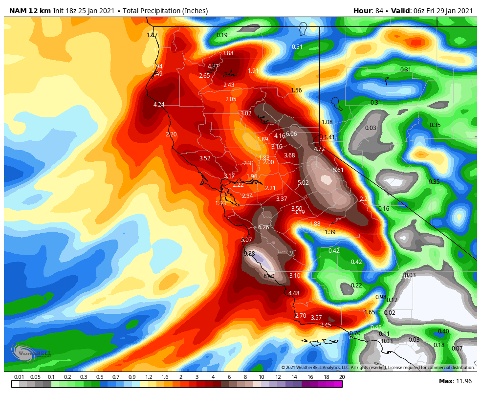 Not much change on the models this evening for total precipitation and snowfall amounts. Look at that perfect bullseye for 9+" of precip right over <a href="/DodgeRidge/">Dodge Ridge Mountain Resort</a> , That would translate to 9 feet of snow for them if the forecast verified.