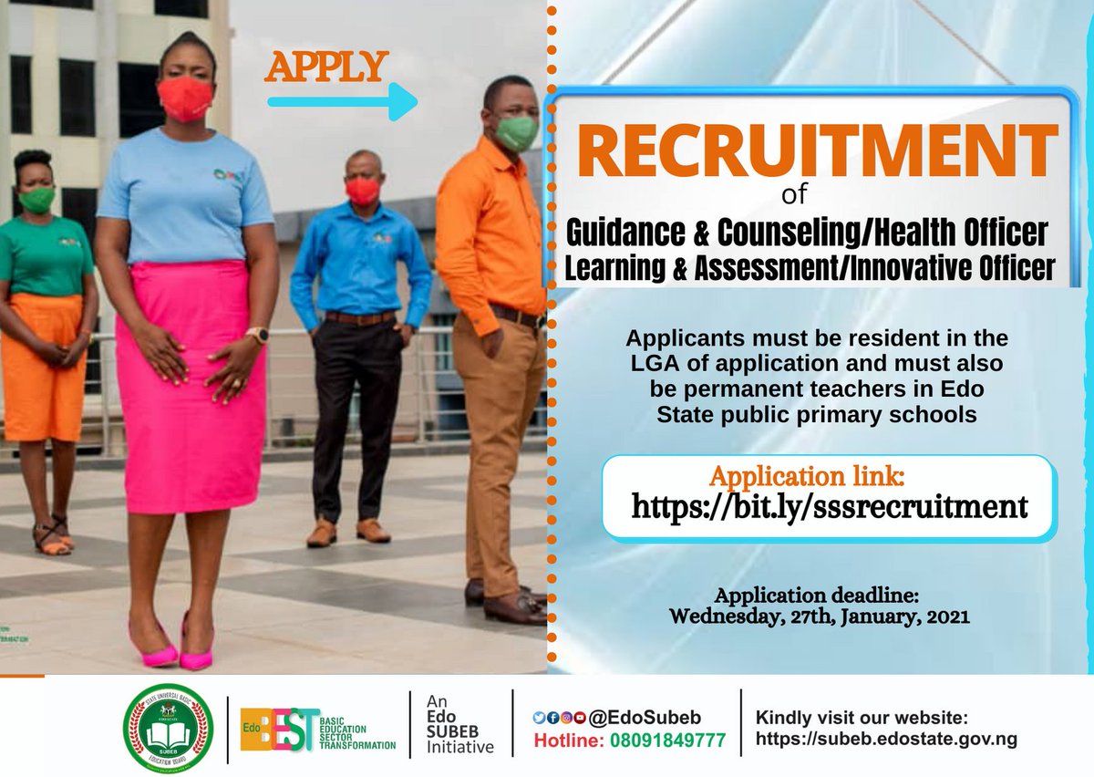 *INTERNAL VACANCIES!!!*

School Support Services Department, Edo SUBEB is recruiting to fill the following positions in the 18 LGEAs across the State.

*Guidance &amp; Counseling/ Health Officer

*Learning and Assessment/ Innovation Officer

#EdoSUBEB #vacancies #Edosate