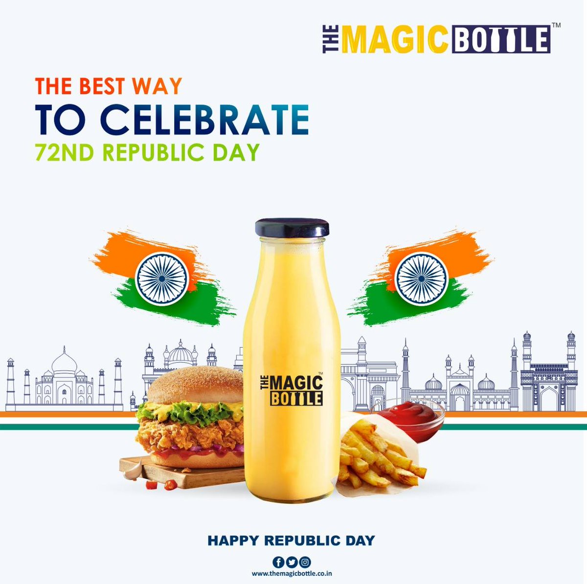 TheMagicBottle1's tweet photo. Wishing one and all a Happy Republic Day!
Let the celebrations be joyous with Sweet &amp; Snacky treats from The Magic Bottle
#HappyRepublicDay #magicbottle #themagicbottle #indian #milkshake #fries #burger #love #Celebration https://t.co/HTLZMuds29