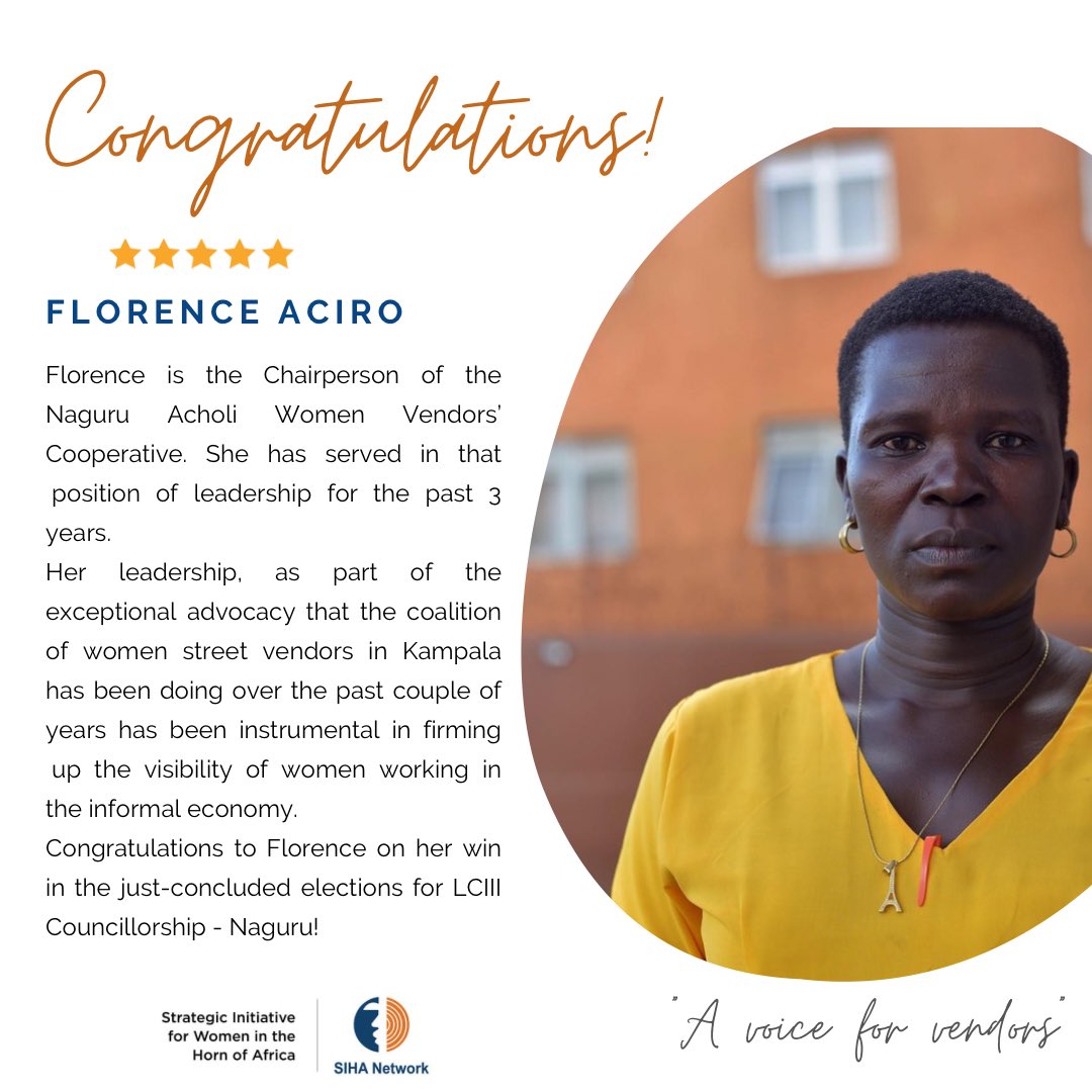 Sihanet's tweet photo. 🟧 Exciting news!
Florence Aciro, Chairperson of Naguru Acholi Women Vendors’ Cooperative wins the LCIII Councillor seat for Naguru in K’la. 🇺🇬
SIHA is positive that Florence’s leadership will increase the visibility of women in the informal economy.
#MakeHerVisible https://t.co/BW0vatsjNs