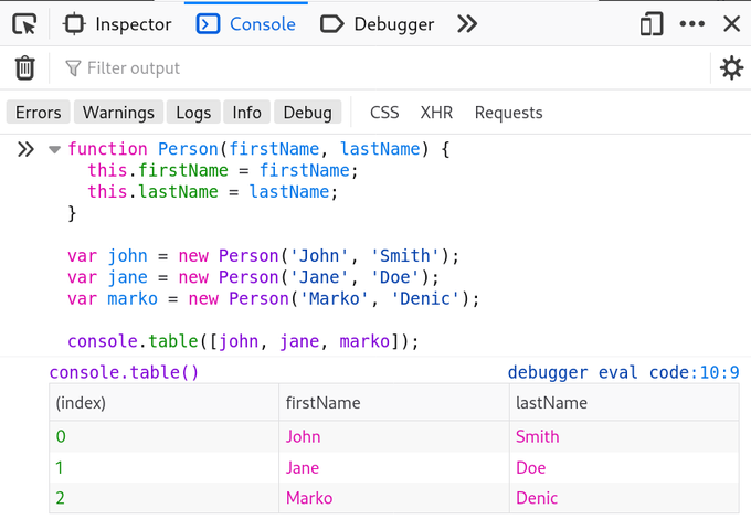 denicmarko's tweet photo. JavaScript tip:

You can use the `console.table()` method to display tabular data as a table: https://t.co/KT6iSDZlrM