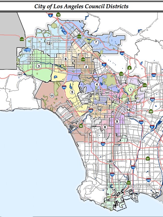 2. City of LA, the City Council: The City of LA is divided into 15 districts (map below). Each elects one member for the  @LACityCouncilMembers serve 4 year terms, with a 3 term limit. Officially nonpartisan. Next Elections: 2022: Even # Districts2024: Odd # Districts
