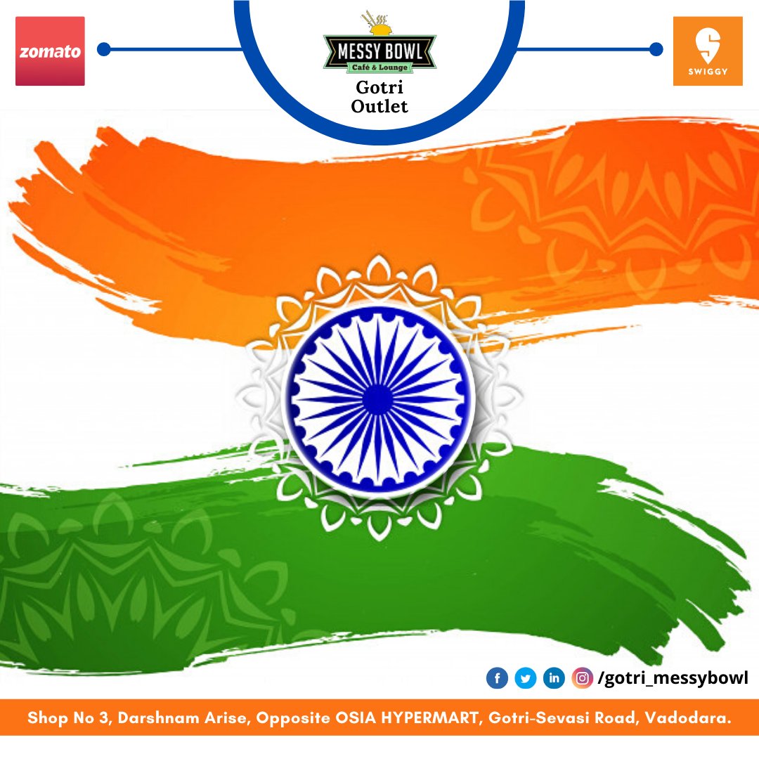 MessyBowl_Gotri's tweet photo. Let us remember the golden heritage of our country and feel proud to be a part of India. Happy Republic Day 2021. 🇮🇳

#gotri #vadodara #messybowl #messybowlgotri #tasty #swiggy #zomato #FoodPorn #Yummy #republicday #india #happyrepublicday #republicdayindia #HappyRepublicDay2021 https://t.co/przNQy2GyK
