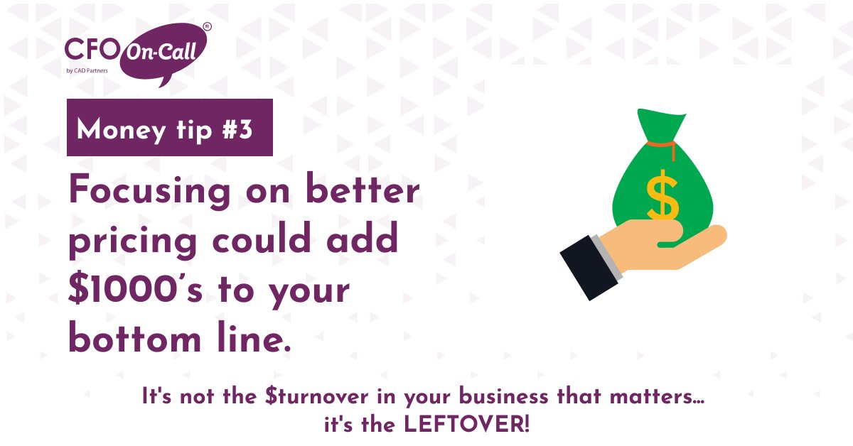 Our money tip to you this week is👇
 
Think about your pricing!
Focus on better pricing that could add thousands to your bottom line.
 
#financialcoaching #CFOFinance #financialofficer #cashflow