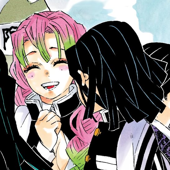 dailyobamitsu's tweet photo. mitsuri and obanai smiling at eachother https://t.co/DO4noALPyI