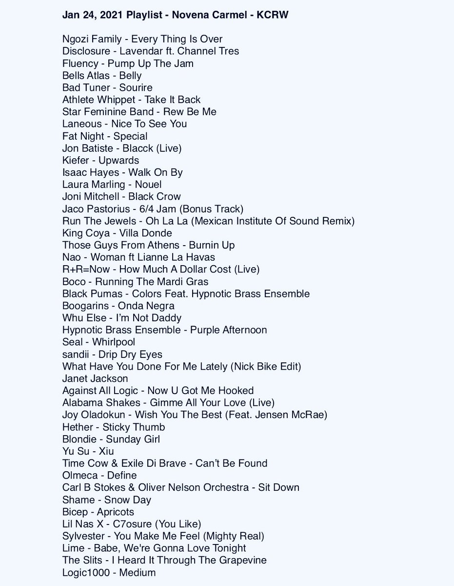Greetings! Here are my most recent show playlists with <a href="/kcrw/">KCRW</a> ! Saturday was inspired by the moodiness of the rain, and Sunday we took it up a notch. Always an honor and pleasure to play with and for the people! 
Listen back anytime at kcrw.com/novenacarmel
💜