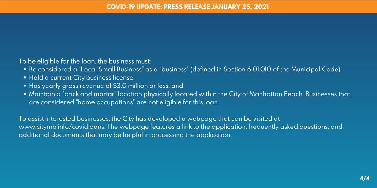 citymb's tweet photo. In response to businesses facing decreased revenues &amp; possible closures following #coronavirus restrictions, the City of #ManhattanBeach has created a $250,000 fund to assist local small businesses by offering loans up to $10,000. Read More:  https://t.co/MSa58CDsTr https://t.co/BJbtgrUurj