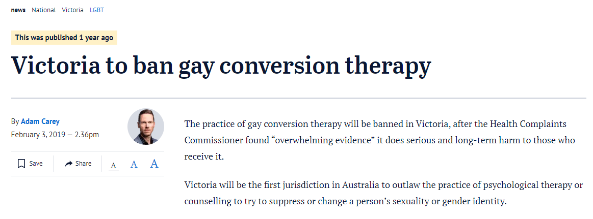 But look at this screenshot news report in The Age newspaper. "Gender identity" -- confusingly defined by activists as something that *may or may not* be in line with birth sex -- has been tacked on to "sexuality". What is "gender identity" conversion?