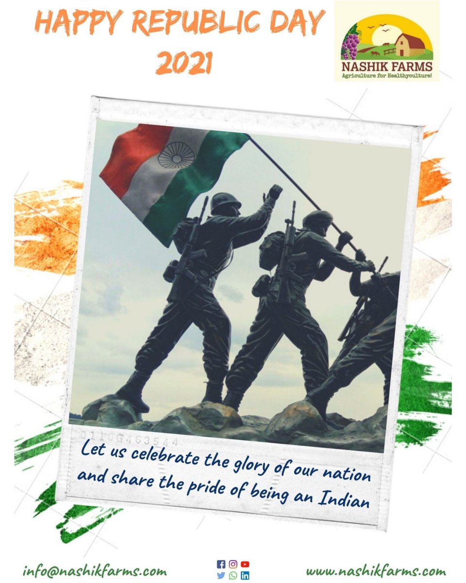 NashikFarms's tweet photo. Freedom in the mind, strength in the words, pureness in our blood, Pride in our souls, zeal in our hearts, let's salute our nation on Republic Day. Happy Republic Day..🇮🇳
Jay Hind...😎
#republicdayparade #republic #republicday #india #nation #army #bharat #nashik #nashikfarms https://t.co/U7IpQYOHPc