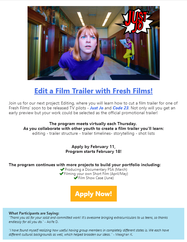STEMAdvocates's tweet photo. Do you know a teen interested in learning filmmaking? Check out this free virtual program through Fresh Films

https://t.co/LrBprUEMCf

#Free #STEM #Filmmaking https://t.co/s4ASsIK01b