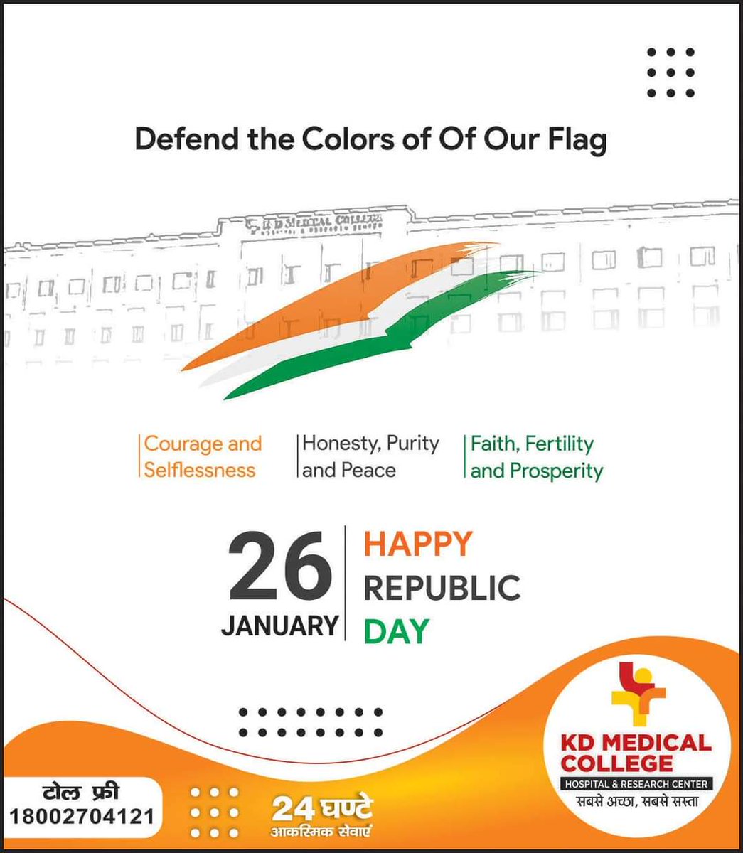 K.D Medical college and research Centre wishes you a very Happy Republic Day 2021! 🇪🇬
.
Let us spend some time today in the 
reflection of the true heroes of India who sacrificed their lives to give us freedom.❤️
.
#kdmedicalcollege #happyrepublicday🇮🇳 #26january #freedomfighter