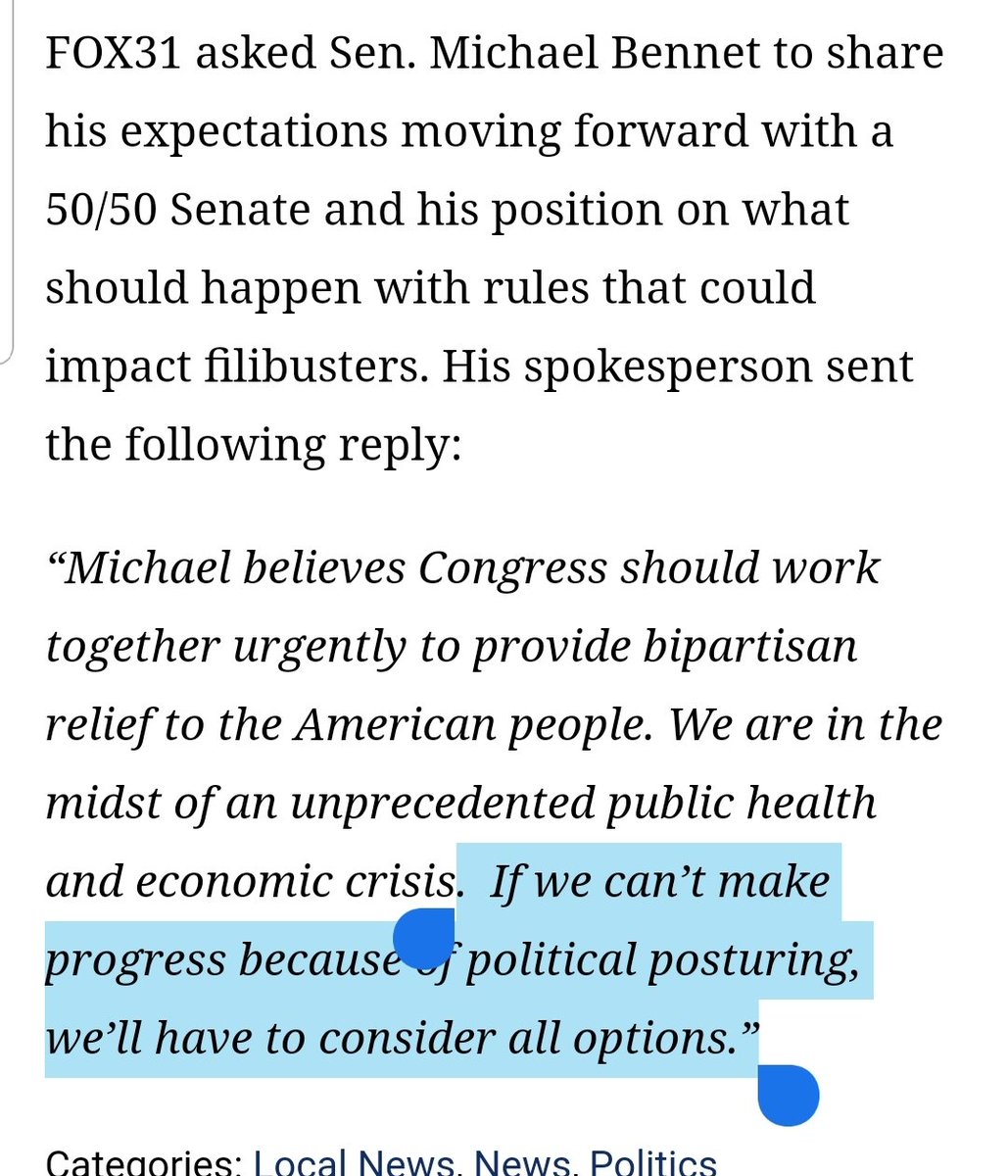 People perplexed by the idea that a senator could go from wanting to keep the filibuster to being open to nixing it, should consider Michael Bennet's evolution on the issue. The reporting at left is from June 2019. The reporting at right is from this week. Circumstances change.