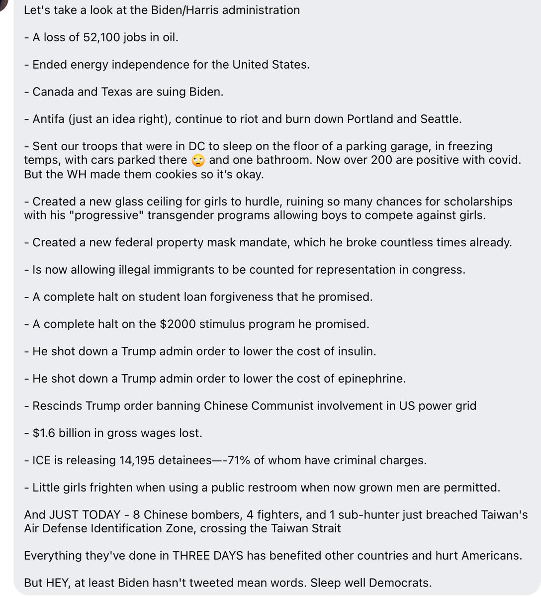 GretchenInOK's tweet photo. I have no idea who wrote this summary of the first few days of the Biden-Harris Administration, but it is too good not to share. https://t.co/ybFmw4oxIR