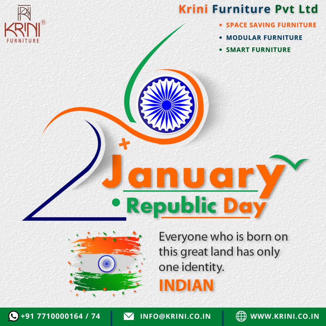 KriniLtd's tweet photo. A thousand salutes to all in this great nation of ours. May we make it even more prosperous and great. Krini Furniture wishes you all a very Happy Republic Day 2021!

#proudindian #incredibleindia #republicdayspecial #january #republicdayofindia #freedom #republicdaysale https://t.co/cMYIxMRIqW