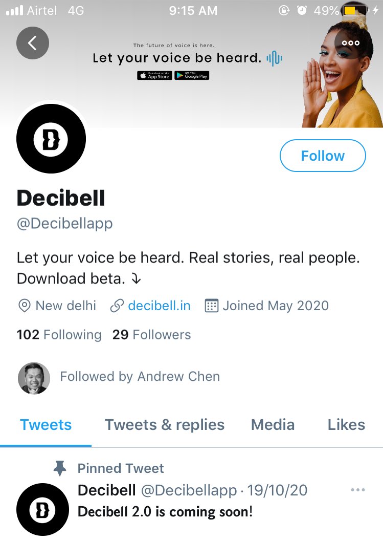 sehaj23's tweet photo. Yesterday, folks in India were looking for startups building local Clubhouse &amp; a few knew about @Decibellapp (@itsamoghtiwari ) but see who is a following it them? Incredible of @andrewchen to keep a strict vigil over voice platforms present across Twitter. Amazing! https://t.co/zAVPeE0reS