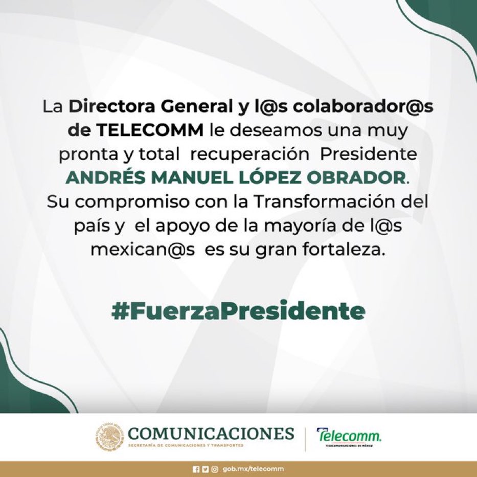 Tamaulipas2021's tweet photo. La Directora General @RoxyMexia y l@s colaborador@s de @TelecomMex le deseamos una muy pronta y total recuperación Presidente @lopezobrador_ . 
Su compromiso con la Transformación del país y el apoyo de la mayoría de l@s mexicanos es su gran fortaleza. https://t.co/JWVgD98Wqp