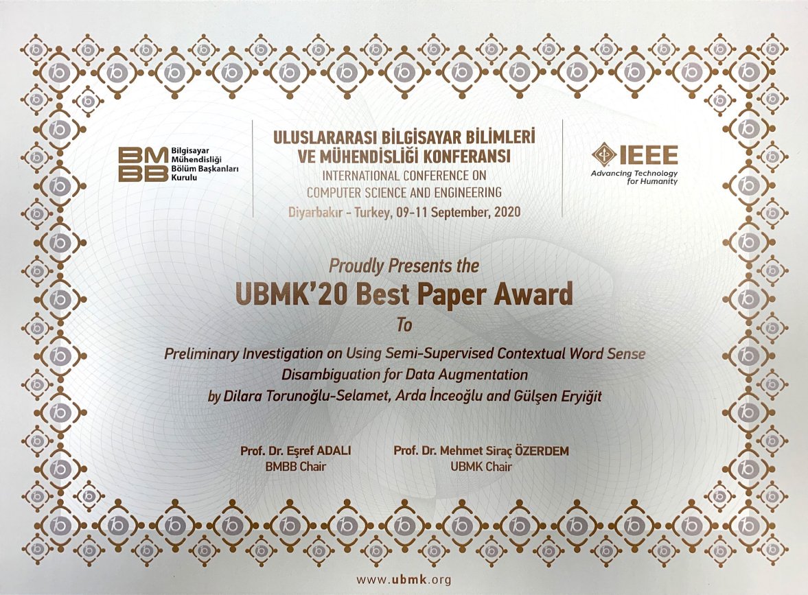 Öğr. Gör. Dilara T. Selamet, Arda İnceoğlu ve Doç. Dr. Gülşen Eryiğit'in "Preliminary Investigation on using Semi-Supervised Contextual Word Sense Disambiguation for Data Augmentation" başlıklı çalışması UBMK 2020 En İyi Bildiri ödülüne layık görüldü.👏

bbf.itu.edu.tr/haberler/2021/…