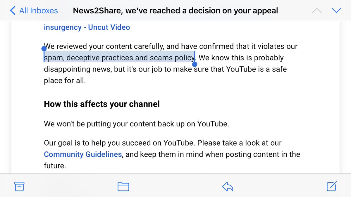 My appeal was apparently denied by  @TeamYouTube.They now say documentary raw footage of the way the crowd reacted during Trump’s January 6 speech violates “spam, deceptive practices and scams policy.”Youtube, please have a human being type an explanation.