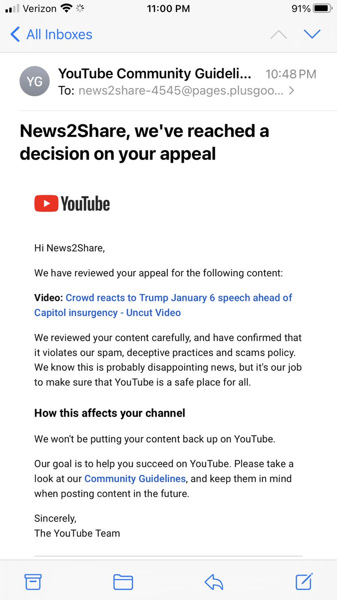My appeal was apparently denied by  @TeamYouTube.They now say documentary raw footage of the way the crowd reacted during Trump’s January 6 speech violates “spam, deceptive practices and scams policy.”Youtube, please have a human being type an explanation.