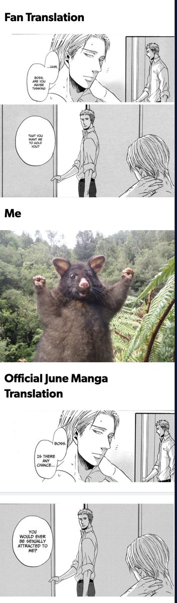 Re: my translation of the Twittering Birds film, there really isn't much point in comparing tls without looking at the JP. The point here is that Domeki is impotent and (in an admittedly non-vulgar way) is asking if Yashiro wishes that he wasn't so he could top.  #AmTranslating