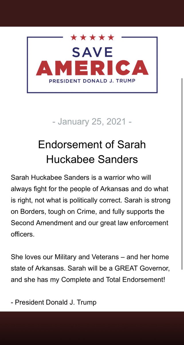 SarahHuckabee's tweet photo. Thank you President Trump for your endorsement and for always believing in me. As governor I will defend our freedom and lead with heart https://t.co/QFtyuNpSm1
