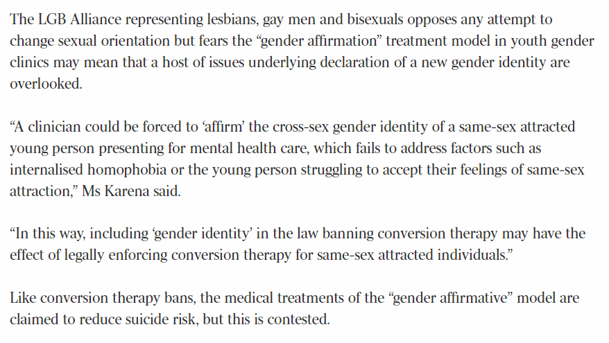 Young women who re-embrace their biological sex & come out as lesbians are prominent among detransitioners, and this is why groups such as  @LGBAlliance_Aus see danger in conversion therapy bans that confuse sexual orientation with gender identity.  https://www.theaustralian.com.au/nation/conversion-therapy-ban-may-backfire-lgb-group/news-story/f065829f62254bfdbdaac91961b9ab20