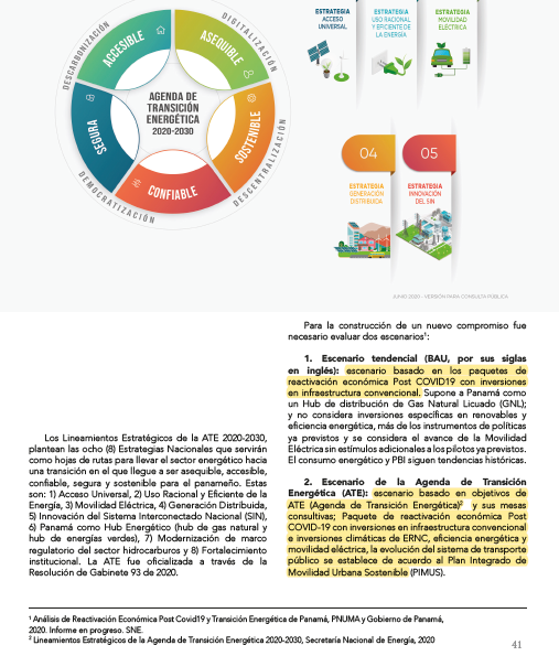 2bis/ Recovery scenarios: Some, like Panama and Colombia, take this even one step further and include different post-covid emission scenarios in their NDCs, comparing a post COVID-19 recovery based on conventional infrastructure (fossil fuel) vs an energy-transition scenario