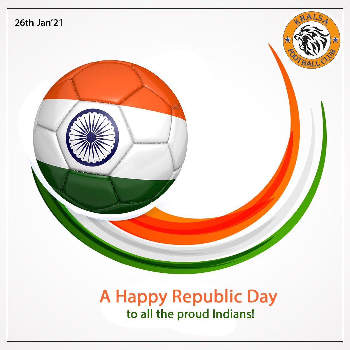 KhalsaFC's tweet photo. On this auspicious historical day, with the message of 'Unity in Diversity' in our hearts, let us all pledge to take our country to new heights. 

The Khalsa Football Club wishes everyone a very Happy Republic Day! 

#HappyRepublicDay #Soccer #Punjab #India #Punjabi #football https://t.co/5l313NqbTG
