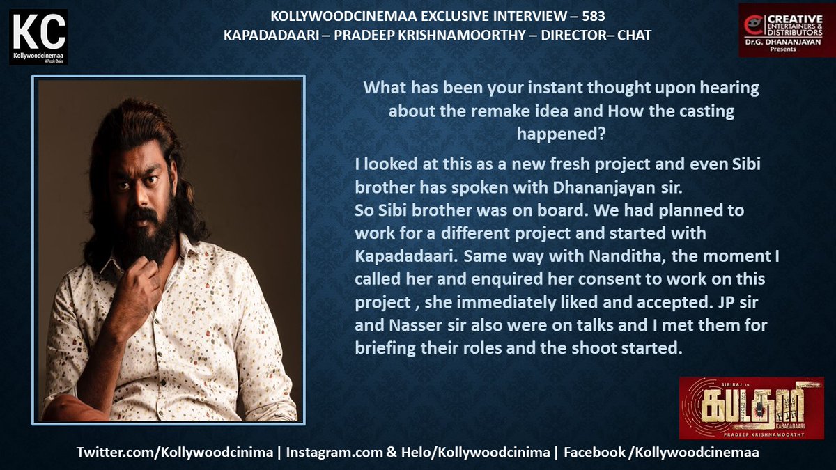 KollywoodCinima's tweet photo. #KcInterview 583 #Kabadadaari Director @Directorpradeep Chat 

#KabadadaariFromJan28th 

@Sibi_Sathyaraj @Nanditasweta @JSKfilmcorp @Dhananjayang @CreativeEnt4 @lalithagd #GD @simonkking @CtcMediaboy #KollywoodCinima @ProRekha https://t.co/BSMJ7hR5Pt