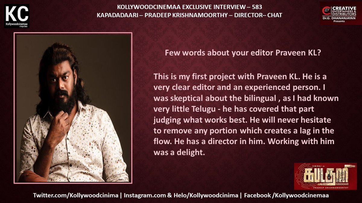 KollywoodCinima's tweet photo. #KcInterview 583 #Kabadadaari Director @Directorpradeep Chat 

#KabadadaariFromJan28th 

@Sibi_Sathyaraj @Nanditasweta @JSKfilmcorp @Dhananjayang @CreativeEnt4 @lalithagd #GD @simonkking @CtcMediaboy #KollywoodCinima @ProRekha https://t.co/6ev4D4ocIV