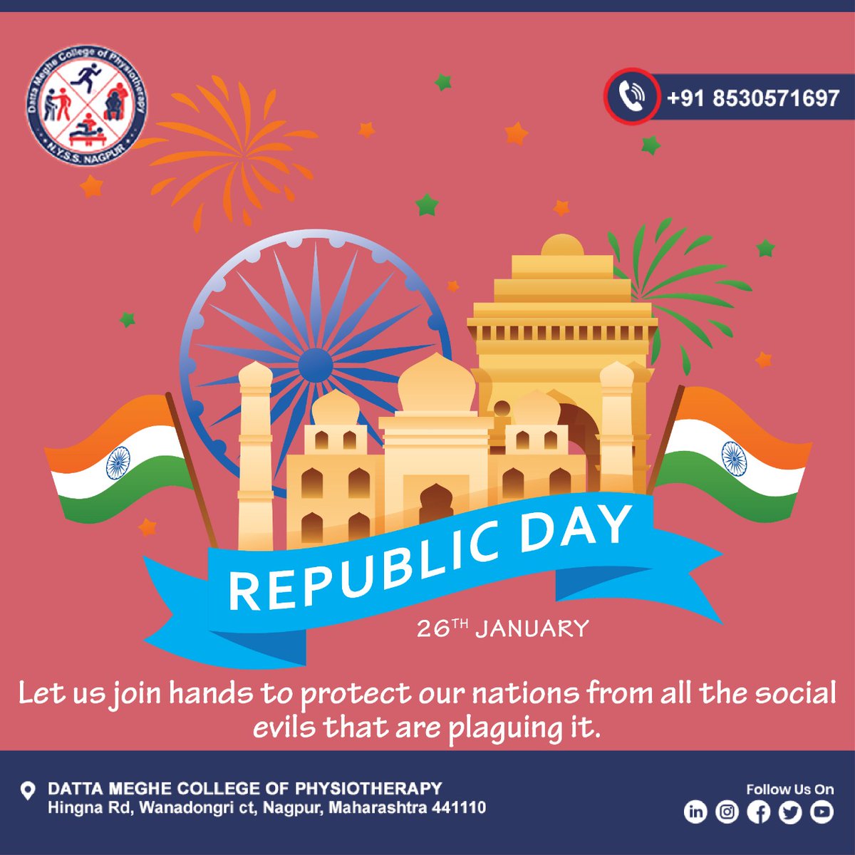 dmcopnagpur's tweet photo. Let's celebrate the spirit of India. Let's glorify the pride of tricolour. Let's be honest and respectful enough to remember all the great sacrifices made for our country. Let's be Proud of being an INDIAN.
#HappyRepublicDay #DMCOP #Physiotherapy #Meghegroup #Weloveourpatient https://t.co/vVOBUvSXoY
