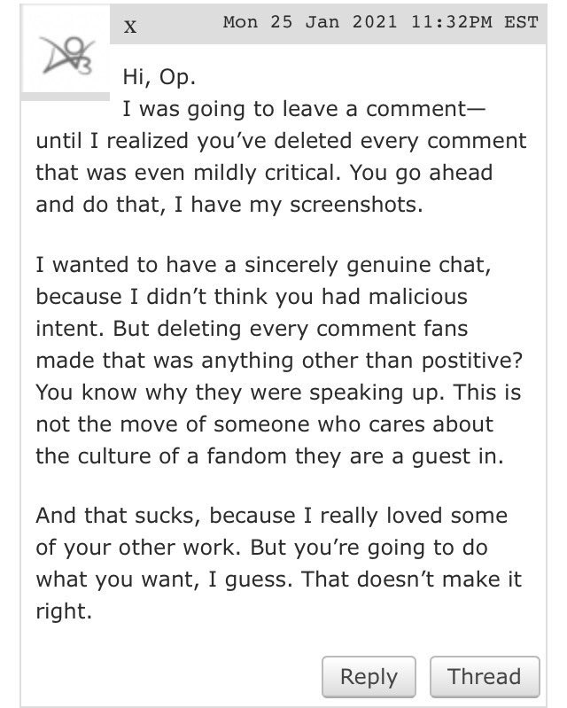 the author has now changed the tag to “canon compliant in the sense that all novel events take place”......while also deleting 30+ comments , inc every comment that was even mildly critical, including ones from cn diaspora saying they enjoyed the fic but hoped for re-tagging