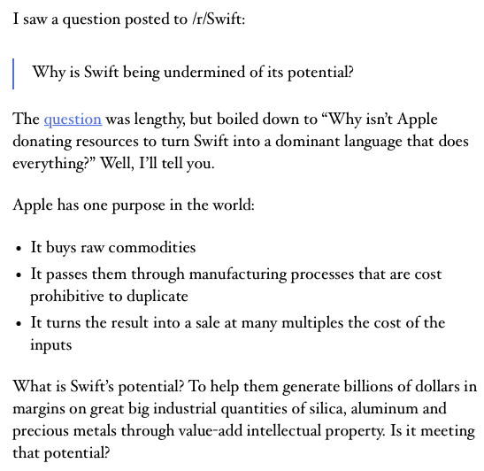 On reddit, someone asked why the Swift project wasn't compiling a free pony for all comers.I attempted an answer: https://frisco-uplink.com/2021/why-swift-isnt-being-undermined-of-its-full-potential/